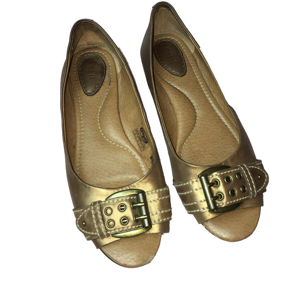 Fossil Women's Size 8.5 Leather Flats Buckle Peep Toe